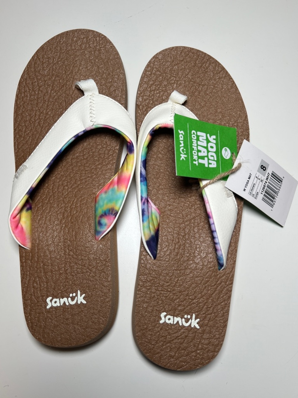 Sanuk Brown Footbed Flip Flops with White Straps and Multicolor Tie-Dye Lining